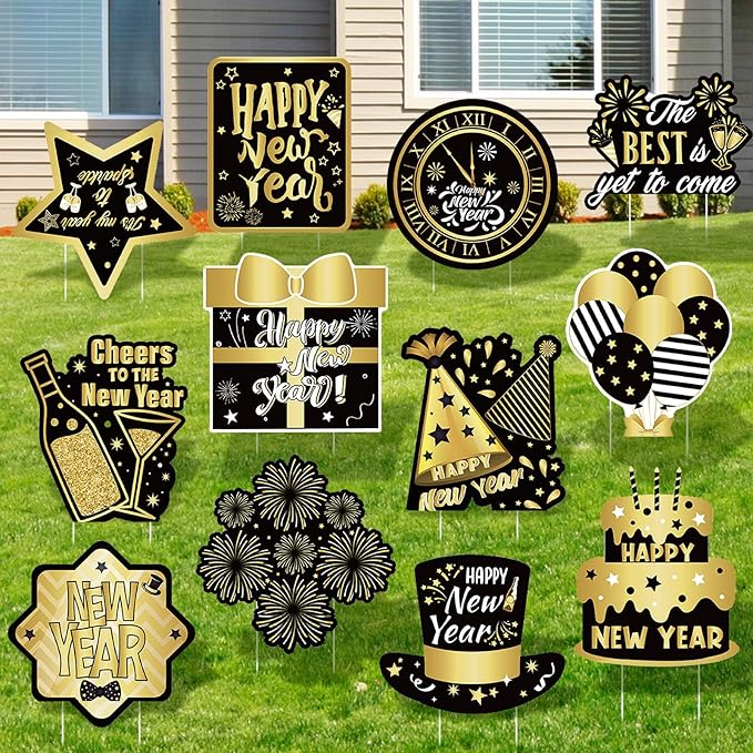 Amyhill 12 Pcs Happy New Year Outdoor Yard Decoration New Year Garden Lawn Signs with Stakes Holiday Waterproof Outdoor Decoration for Patio Lawn Walkway Party Decorations