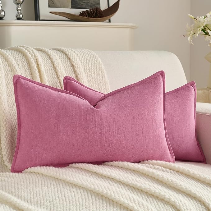 FUTEI Hot Pink Chenille Throw Pillow Covers 12x20 Inch Set of 2,Edges Double-Stitched Lumbar Pillow Cases,Modern Home Decor for Couch Living Room