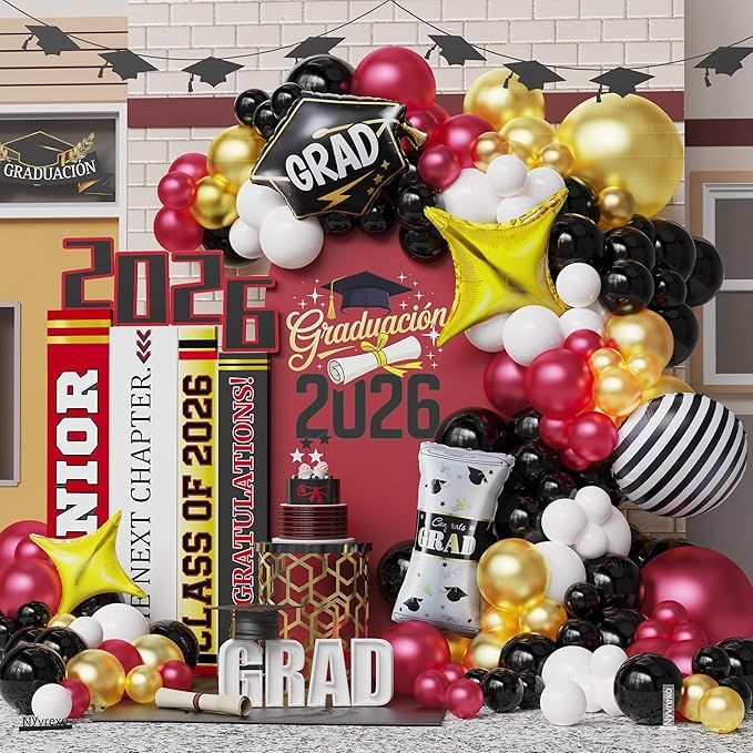 Graduation Balloon Garland Arch Kit 2026, 150Pcs Burgundy Black Gold White Balloons for Class of 2026 Celebration Graduation Party Decorations, Congrats Grad Backdrop Decor