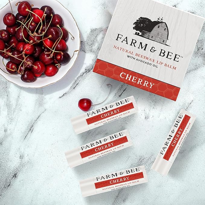 Natural Lip Balm - Organic & Natural Ingredients - Beeswax Based Moisturizing Lip Care Chapstick for Chapped Lips - Great Gift Idea - Farm & Bee - 0.15oz (Pack of 4 - Cherry)