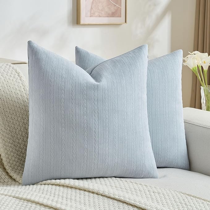 FUTEI Light Blue Decorative Throw Pillow Covers 16x16 Inch Set of 2,Soft Cozy Wheat Ear Striped Patterns Cushion Cases,Modern Home Decor for Couch Bed Living Room
