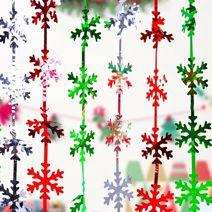 LOLStar Christmas Party Decorations, 2 Pack Foil Fringe Curtains 3.3 X 6.6 ft Red Silver Green Snowflake Tinsel Streamers Photo Backdrop for New Year, Ugly Sweater Party