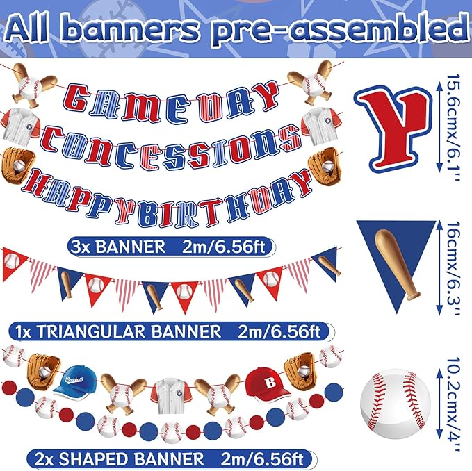 Pre-Strung Baseball Party Decorations with Concessions and Game Day Banners, Happy Birthday Baseball Party Supplies