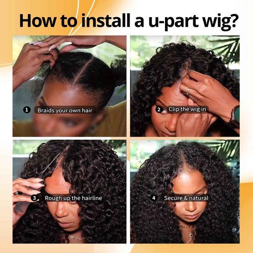 V Part Wig Human Hair 12A Deep Curly Wig Human Hair Glueless U Part Wig with Clip 180% Density Half Wigs for Women Beginner Friendly No Sew In No Glue (1B, 18inch)