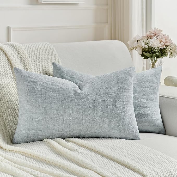 FUTEI Dusty Blue Chenille Decorative Throw Pillow Covers 12x20 Inch Set of 2,Soft Cozy Faux Linen Textured Lumbar Pillow Cases,Farmhouse Home Decor for Couch Living Room
