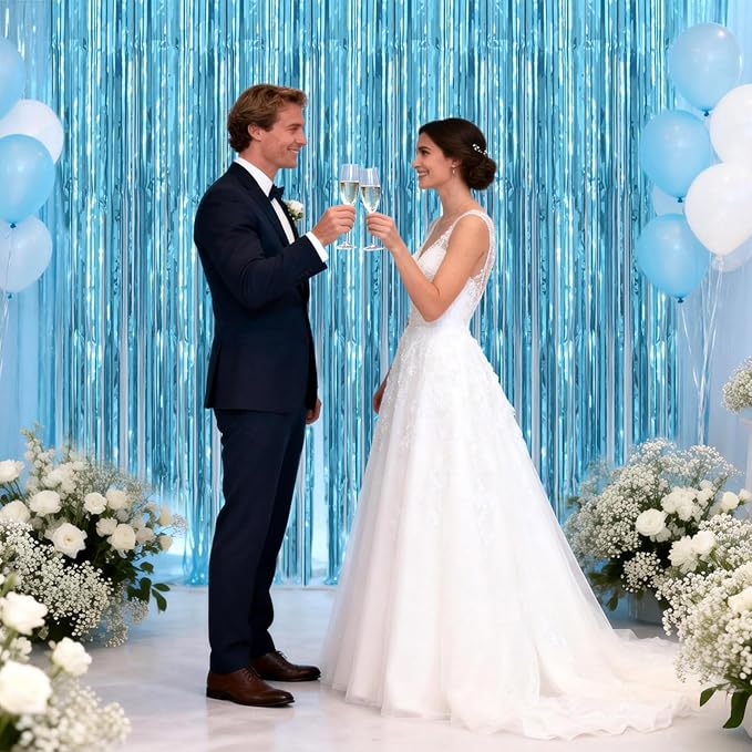 jijAcraft 3 Pack Light Blue Tinsel Foil Fringe Curtain, Party Photo Backdrop, Blue Background for Baby Shower Boy Birthday Ocean Themed Winter Wonderland Wedding Engagement New Year Decorations