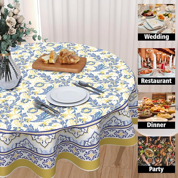 Yellow and Blue Floral Tablecloth Round 70 Inch Farmhouse Boho Tablecloth Spring Summer Fabric Table Cloth With Wrinkle Resistant For Kitchen Holiday Picnic Party Dinner Room Indoor Outdoor Decor