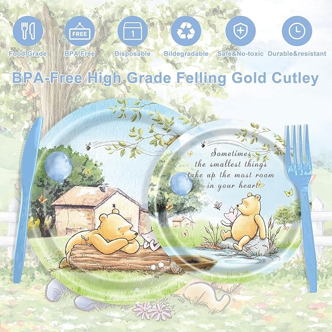 120PCS Winnie Baby Shower Party Supplies Babyshower 1st Party Decorations for Kids Girls Birthday Neutral Classic Bear Tableware Set Include Plates,Napkin,Cups,for 20 Guests