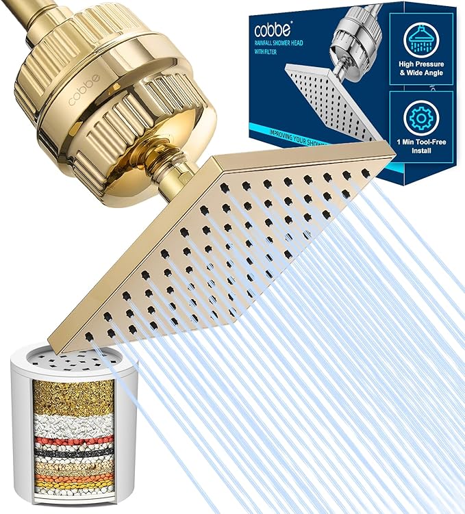 Cobbe High Pressure Filtered Shower Head Combo, Rain Shower Head with 20 Stage Shower Head Filter for Hard Water - Adjustable Replacement Remove Chlorine and Harmful Substances, Gold