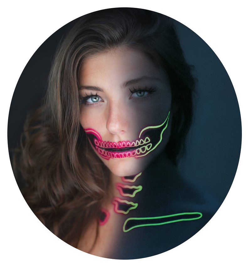 Tattoocrew 2 x Neon Skull Face Pink Temporary Tattoo, Halloween Costume for Women and Men, Adult, Glow in the Dark