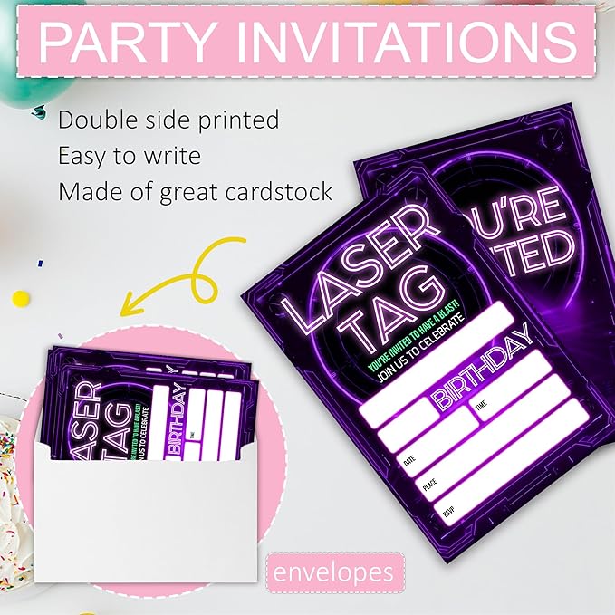 Laser Tag Birthday Party Invitations, Glow Neon Theme Invite Cards, 20 Count with Envelopes for Boys Girls Teen, 4 x 6 Double Sided Printed Fill In Blank Party Supplies- Purple