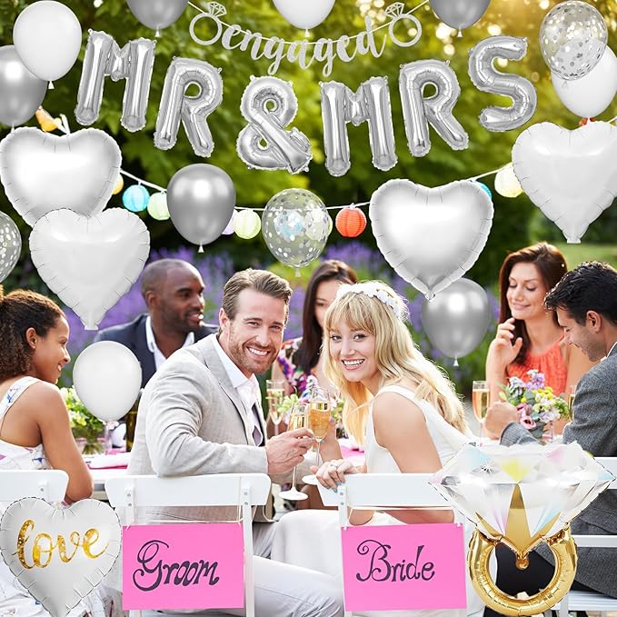 Silver Engagement Party Decorations, MR and MRS Balloons Decor, Metallic Silver Confetti Balloons, Love Heart and Diamond Ring Foil Balloon with Engaged Banner for Wedding Engagement Party Decoration