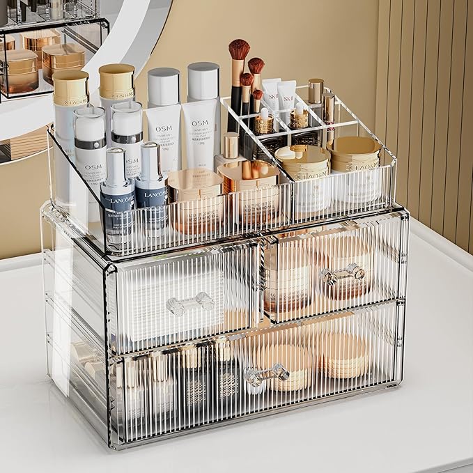 ZHIAI Stackable Cosmetic Organizer, Acrylic Cosmetic Organizer for Dresser, Vanity, Kitchen Cabinet, Bathroom, Under Sink, Home Organization and Storage (1 Top 3 Drawers)