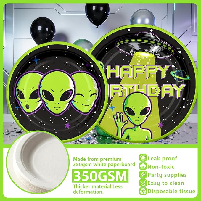 220 Pcs Alien Birthday Party Decorations Tableware Set - Service 25 Guests - Includes Banner, Cake Topper, Balloons, Plates And Napkins Paper Cup - For UFO Theme Party