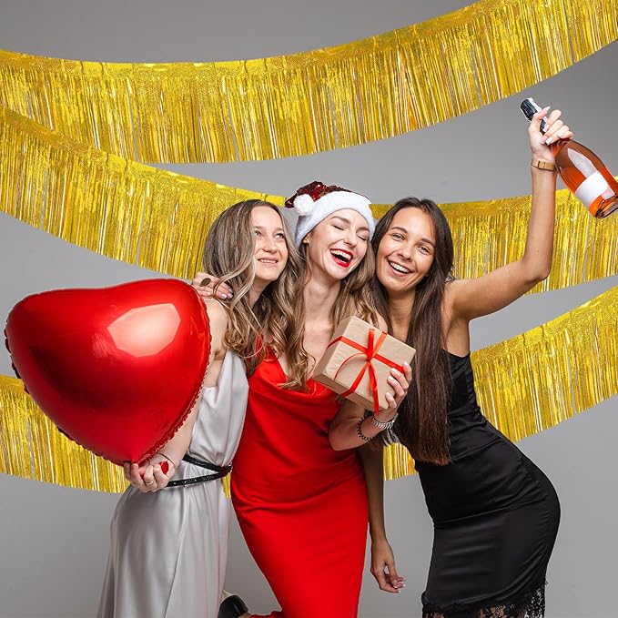 4 Packs 10 Feet Long Laser Gold Foil Fringe Garland Shiny Metallic Tinsel Table Skirts Wall Hanging Banner for Car Parade Birthday Parties Floats Wedding Baby Shower Bachelorette Garden Decorations