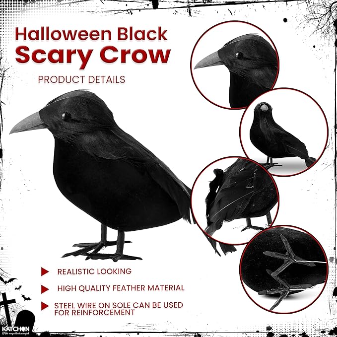 KatchOn, Black Crows with Eyes Halloween Decorations – Pack of 12 | Realistic Feathered Crows for Indoor Outdoor Halloween Decor | Scary Raven Decorations for Haunted House