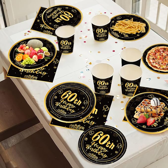 120Pcs 60th Birthday Party Supplies Plates Napkins Cups Forks Tableware Set Gold Black Happy 60th Birthday Themed Disposable Tableware Decoration Serves 24 Guests for Men Women 60 Years Old