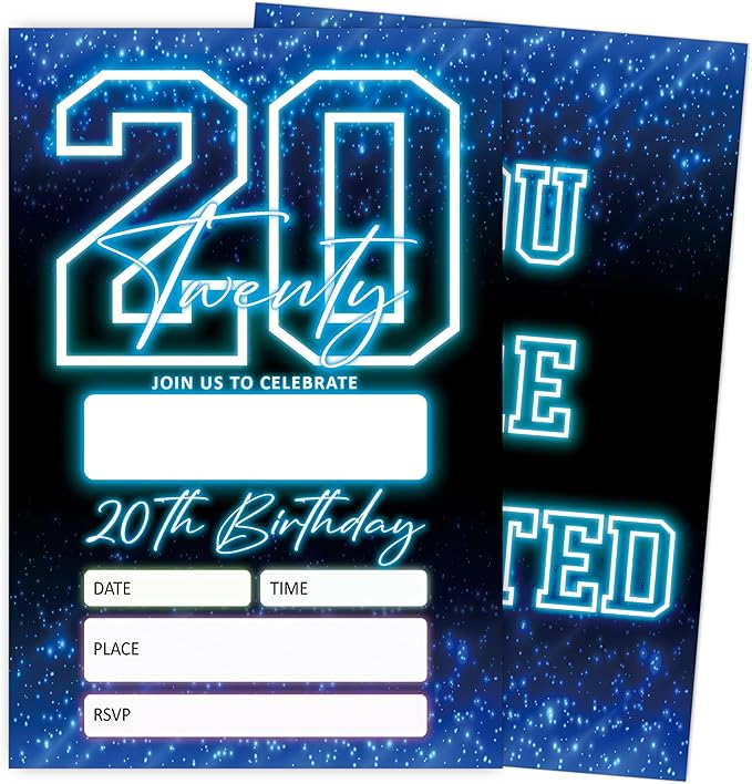 SIXEIGHT Blue 20th Birthday Invitations for Boys, Neon Glow Party Invitations for Girls Kids, 20 Pack Double Sided Invite Cards with Envelopes, 20th Glow Neon Birthday Party Decorations, 4x6 Inch-C53