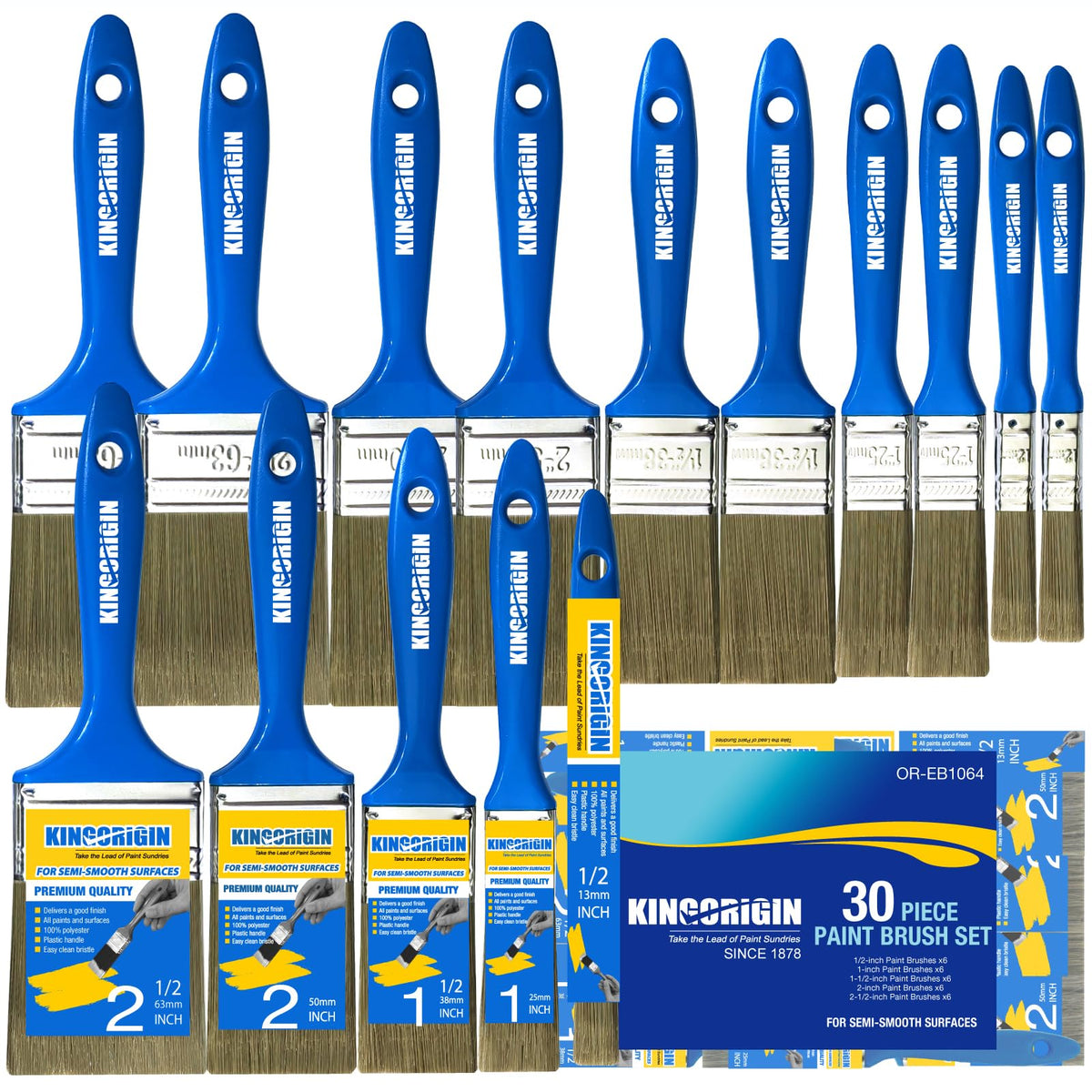 King Origin Versatile Paint Brush Set, 30 Pack, 5 Sizes Paint Brushes (0.5" 1" 1.5" 2" 2.5"), Small Paint Brushes for Walls, Furniture, Crafts - Detailed Painting & Larger Surface Coverage