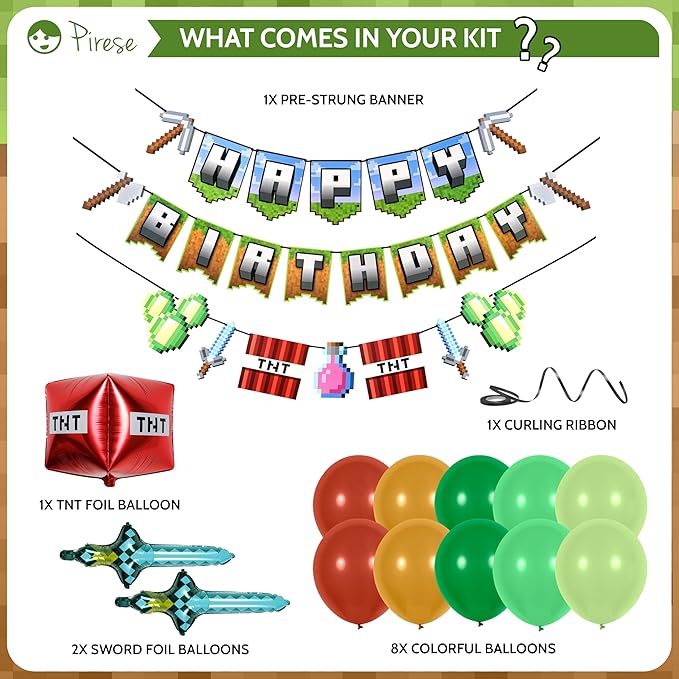 Pirese Pixel Birthday Decorations – Pixel Happy Birthday Banner with Balloons, Pre-Strung Retro Video Game Birthday Party Supplies Kit