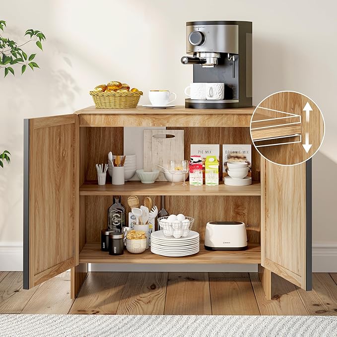BERRYMERRY 2 Door Fluted Sideboard Buffet Cabinet with Storage, Modern Wood Cabinet with Adjustable Shelves for Living Room, Dining Room (Light Wood 6 Doors)