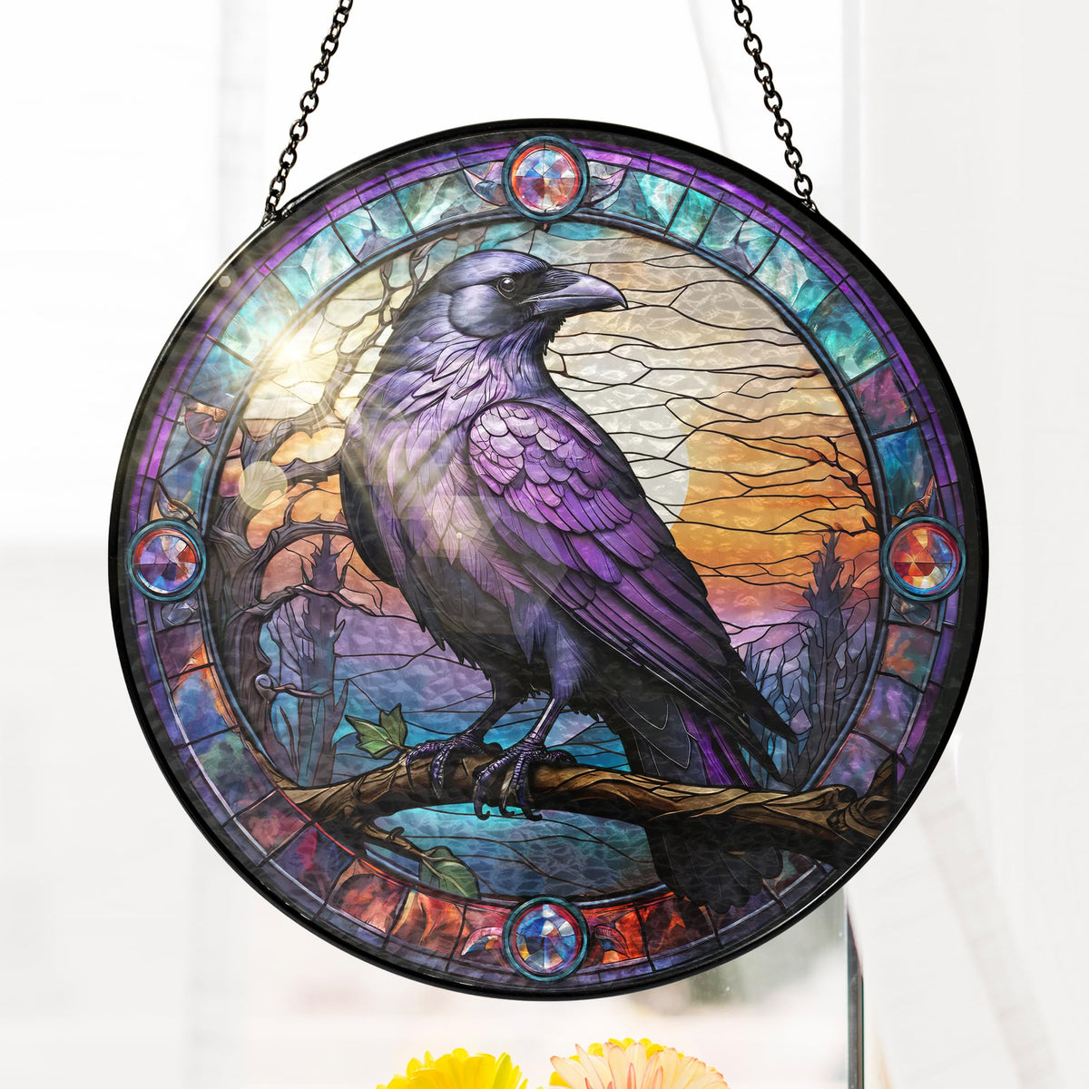FLAGWIX Raven Crow Gothic Stained Glass Suncatcher, 8 in
