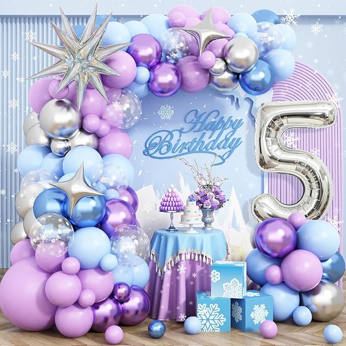 Snow 5th Birthday Decorations Girl, Snowflake Balloon Garland Arch Kit, Laser Explosion Star Balloons, Silver Number 5 Balloon Tower for Baby Shower Girls 5th Snow Theme Party Supplies