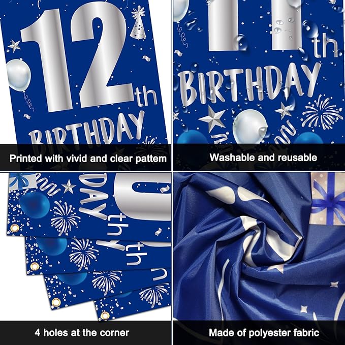 12th Birthday Decorations for Boys Girls, Blue Silver Happy 12th Birthday Party Decorations Supplies - Happy 12 Birthday Backdrop Banner Tablecloth Triangle Flag Balloons for 12 Year Old Party