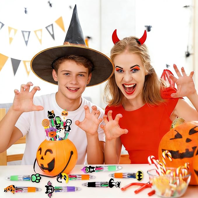 24PCS Halloween Fun Pens Multicolor Ballpoint Pens 4 Colors in 1 Halloween Retractable 0.7mm Multicolor Writing Stationery for Party Favors Supplies Rewards Holiday Gifts