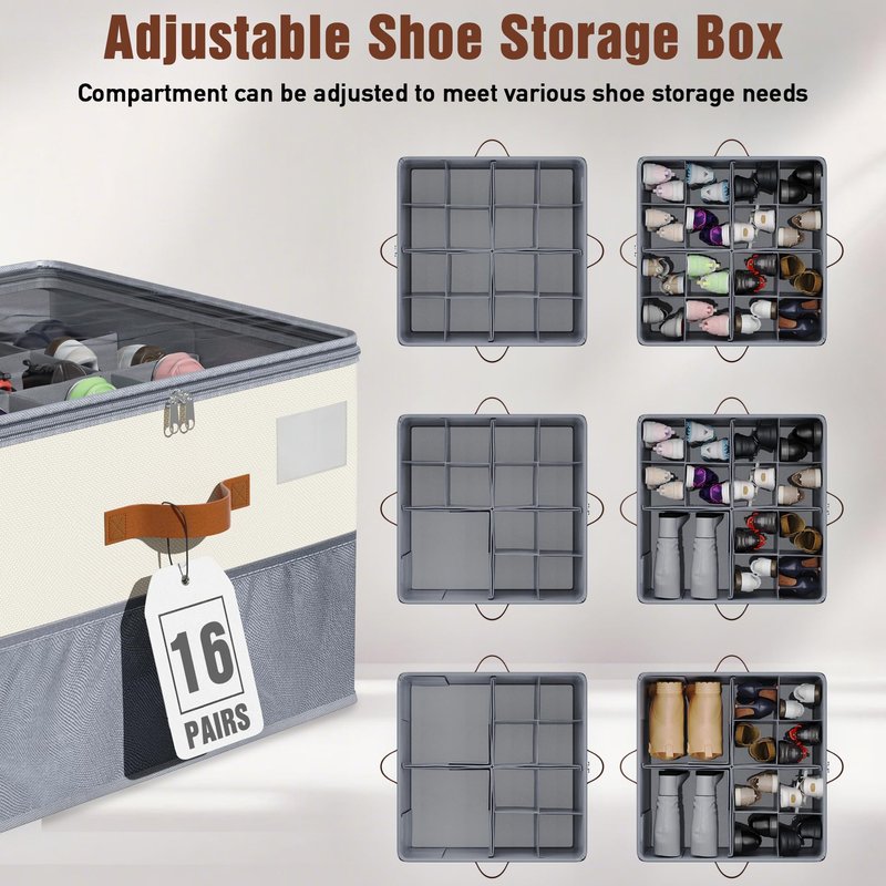 KETYWHA Shoe Organizer for Closet, XXL 1 Pack Foldable Shoe Storage Containers with Clear Cover, Shoe Box Organizers Bins with Adjustable Dividers 4Handles,Shoe Storage Fits 12-24 Pairs-Beige & Grey