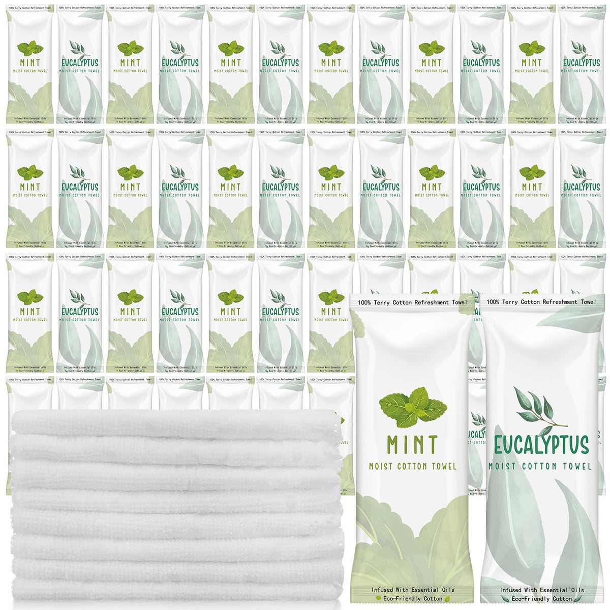 Timgle 50 Pcs Moist Towelettes Individually Wrapped Scented Disposable Face Towels Essential Oil Infused Moist Terry Cotton Towel for Use Hot or Cold Travel Body Spa(Mint, Eucalyptus Leaves)
