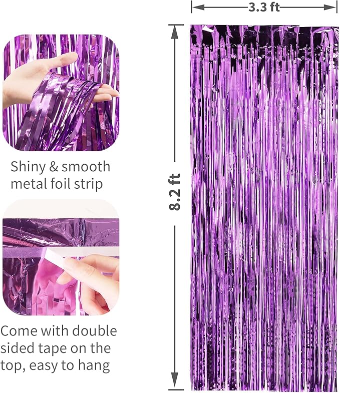2 Pack Purple Foil Fringe Curtains Door Streamers Party Decorations 3.3 x 8.2 ft, Tinsel Curtain Fringe Backdrop for Parties, Door Fringe Birthday Streamers, Photo Booth Backdrops, Party Decor