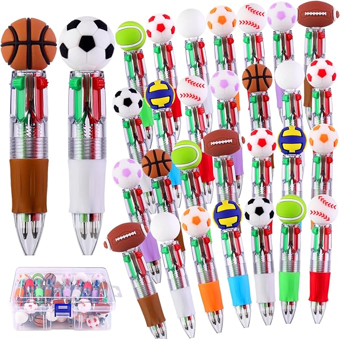 30pcs Mini Multicolor Pens in One 4-in-1 Cute Bulk Pens,Sport Soccer Rugby Basketball Retractable Pens Set for Sport Fans Valentines Party Favors Supplies Rewards Holiday Gifts