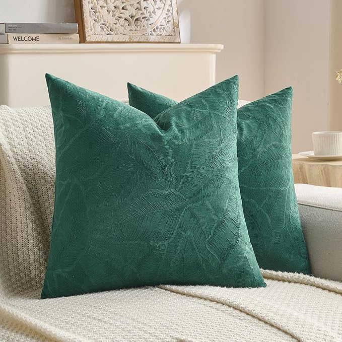 FUTEI Christmas Dark Green Velvet Throw Pillow Covers 24x24 Inch Set of 2,Soft Embossed Leaf-Relief Textured European Cushion Cases,Natural Home Decor for Couch Living Room