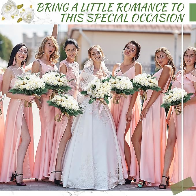 Zeyune 12 Bunches Wedding Bridesmaids Bouquets 144 Heads 7 Inch Artificial Rose Bouquets Silk Fake Flower Bulk with Stems for Valentine's Day Wedding Bridal Shower Home Party Decor(White)