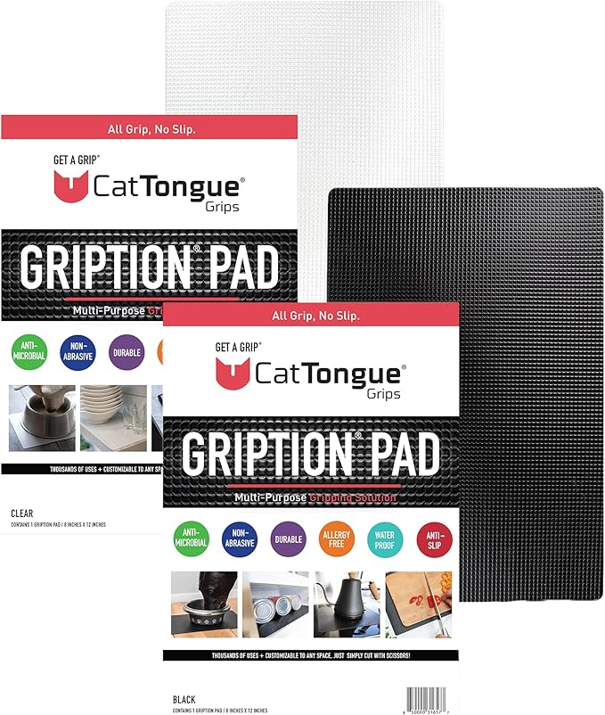 CATTONGUE GRIPS Non-Adhesive Anti-Slip Mat - Multi-Purpose Non-Slip Pad for Countertops, Desks, Tables & Workspaces - Ideal Desk Mat, Drawer Liner, Laptop Pad & More (Black & Clear, 8” x 12”)