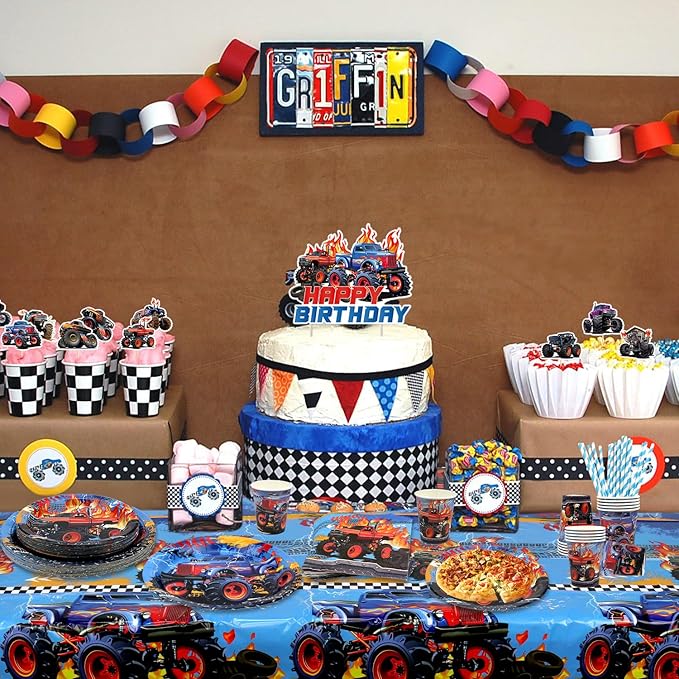 Monster Trucks Birthday Decorations - Monster Trucks Party Supplies including Plates, Cups, Napkins, Tablecloths for Boys - Serves 20 (6-20)