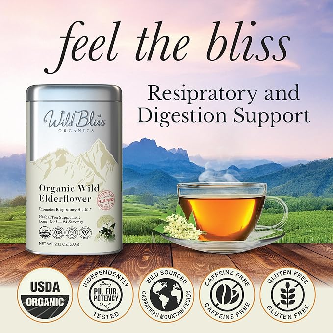 Wild Bliss Organic Elderflower Tea – Immune and Respiratory Support - Caffeine Free Loose Leaf Elder Flowers - 2.11 Ounces - 24 Servings