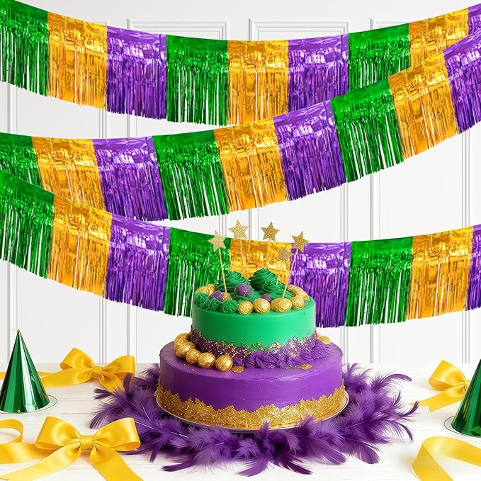 4 Packs 10 Feet Long Foil Fringe Mardi Gras Garland Green Gold Purple Tinsel Metallic Streamers Wall Hanging Birthday Backdrop Banner for Carnaval Car Parade Floats Streamer Decorations