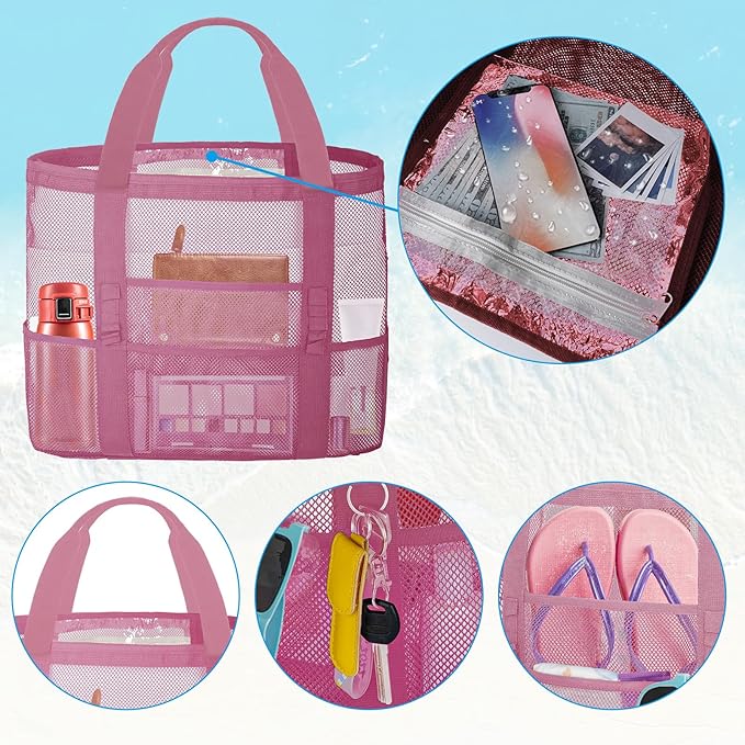 Mesh Beach Bags for Family - Women Beach Tote Bag for Toys, Towels, Travel Vacation Cruise Essentials