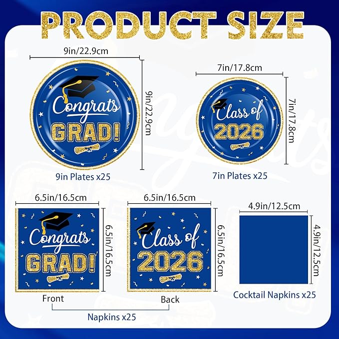 2026 Graduation Party Supplies Tableware Set - 100 Pcs Blue Gold Graduation Plates and Napkins Class of 2026 Disposable Dinnerware for College High School Congrats Grad Party favors, Serve 25