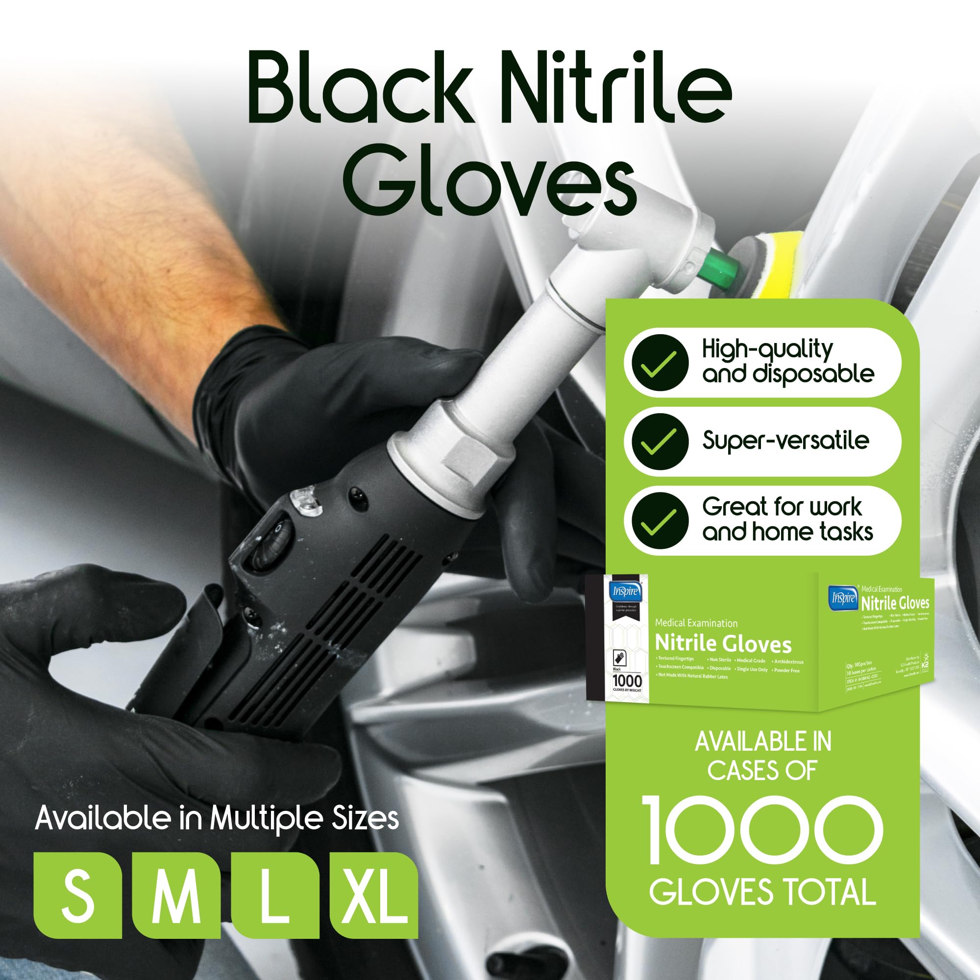 Inspire Black Nitrile Disposable Gloves | 4.5 Nitrile Disposable Safety Medical Cooking Cleaning Gloves (Black - Case Of 1000, Large)