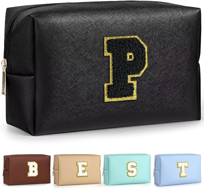 TOPEAST Personalized Makeup Bag, Chenille Letter Pouch Cosmetic Bag w Zipper, PU Leather Waterproof Toiletry Bag, Bridal Shower Gifts for Bridesmaids, Cute Stuff for Girls (Black P)