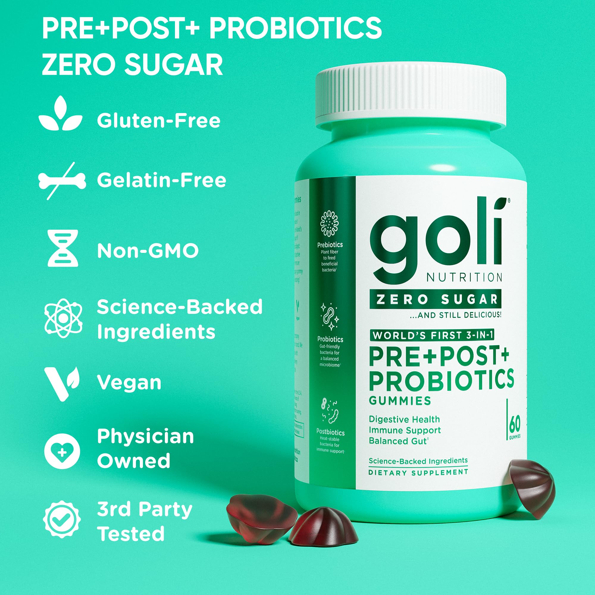 Goli Zero Sugar Pre Pro Postbiotic Gummies - (5 Pack, 300 Total) Worlds First 3-in-1 with DE111, XOS, MCC1849 - No Sugar Alcohols - Vegan, Keto-Friendly, Non-GMO