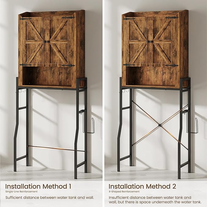 Over The Toilet Storage Cabinet, Over Toilet Organizer with 2-Door & Metal Stand, Bathroom Organizers and Storage with Adjustable Shelves for Bathroom, Restroom, Laundry, Rustic Brown