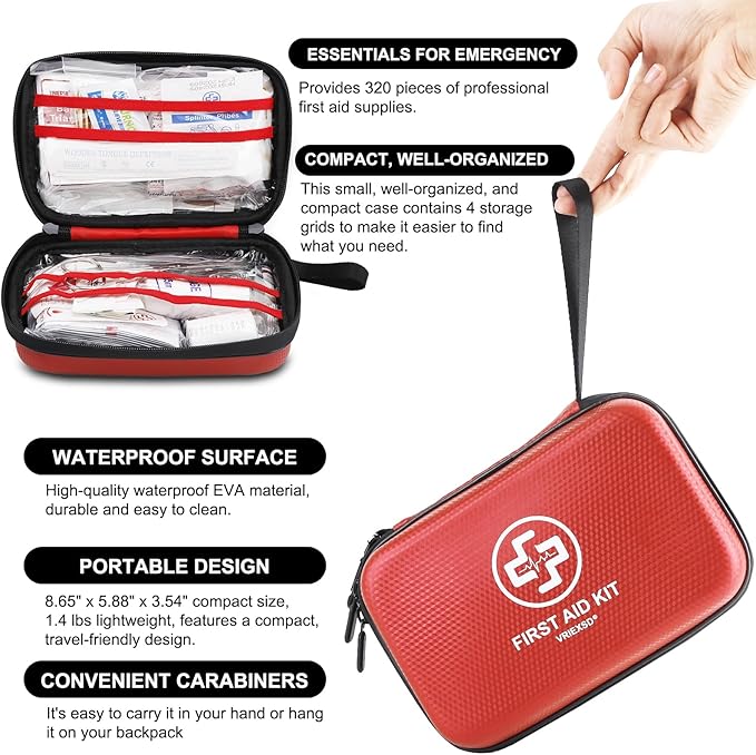 VRIEXSD Premium First Aid Kit, 320 Piece Waterproof Hard Shell Eva First Aid Kit for Home, Camping, Cars, Hiking, Travel, Businesses & Outdoor Emergencies - Emergency Medical Kits (Red)