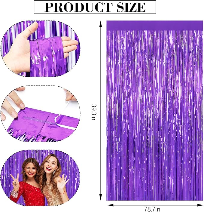 2Pack Purple Backdrop Metallic Tinsel Streamers Foil Fringe Backdrop Halloween Party Decorations Curtain Photo Booth Props Wedding Birthday Graduation Bachelorette Xmas New Year Party Decors