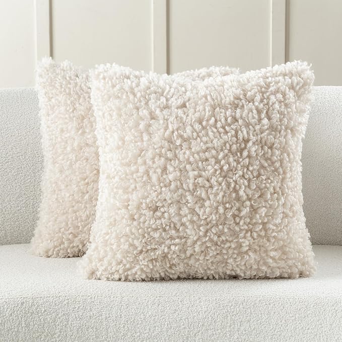 FUTEI Beige Decorative Throw Pillow Covers 22x22 Inch Set of 2,Soft Fluffy Faux Wool Fur Boucle Textured Cushion Case,Modern Home Decor for Couch Bed Living Room Office