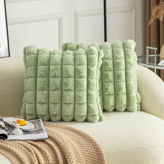 Neelvin Green Faux Fur Cozy Soft Plaid Decorative Throw Pillow Covers 18x18 inch Set of 2,Velvet Pillowcase Cushion Case for Sofa Couch