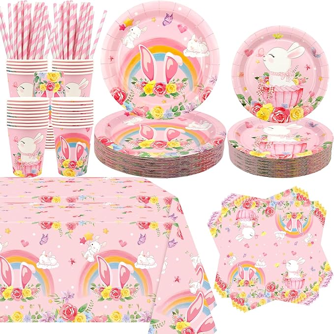 KEFAN Bunny Birthday Party Decorations, Rabbit Theme Party Tableware Supplies including Plates, Cups, Napkins, Tablecloth (40)